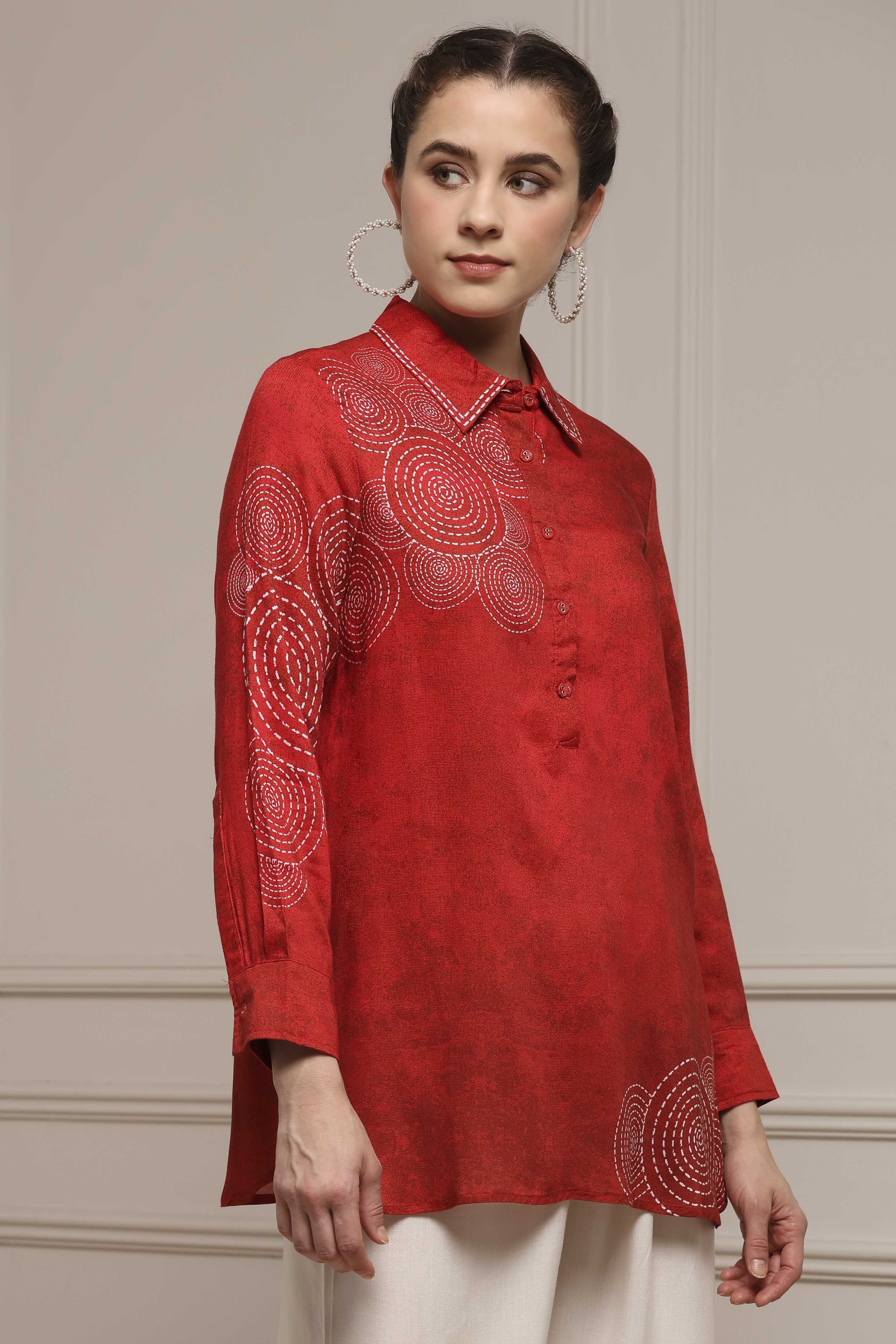 Red Viscose Rayon A-Line Printed Top image number 4