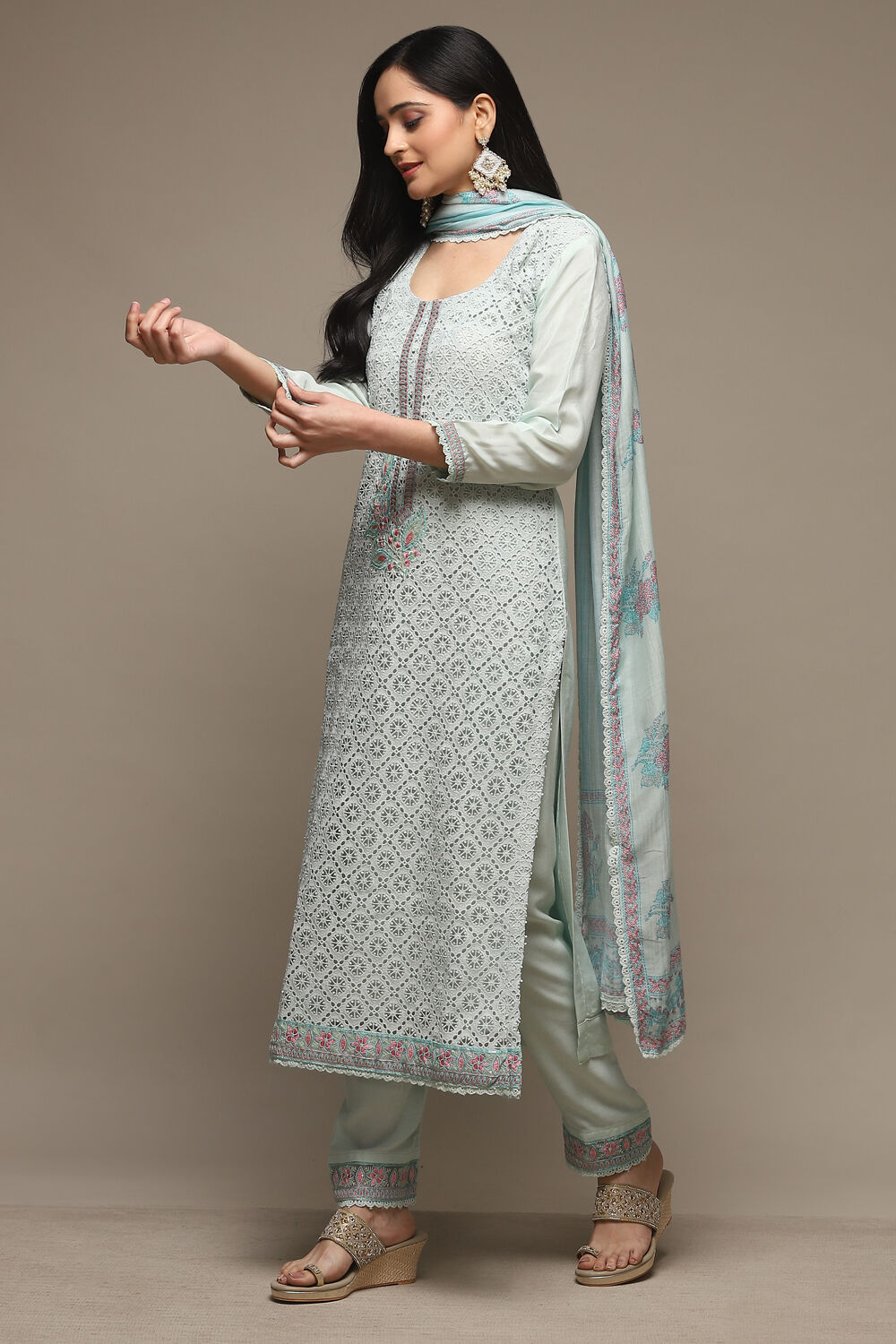 Light Green Muslin Lace Unstitched Suit Set image number 6