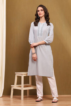 Steel Grey Cotton Solid Regular Fit Straight Kurta image number 0