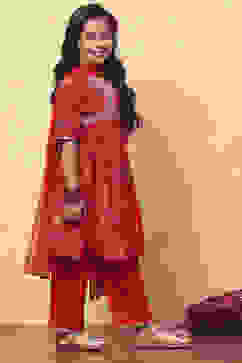 Red Floral Printed Gathered Festive Flared Suit Set image number 5