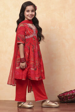 Red Floral Printed Gathered Festive Flared Suit Set image number 5