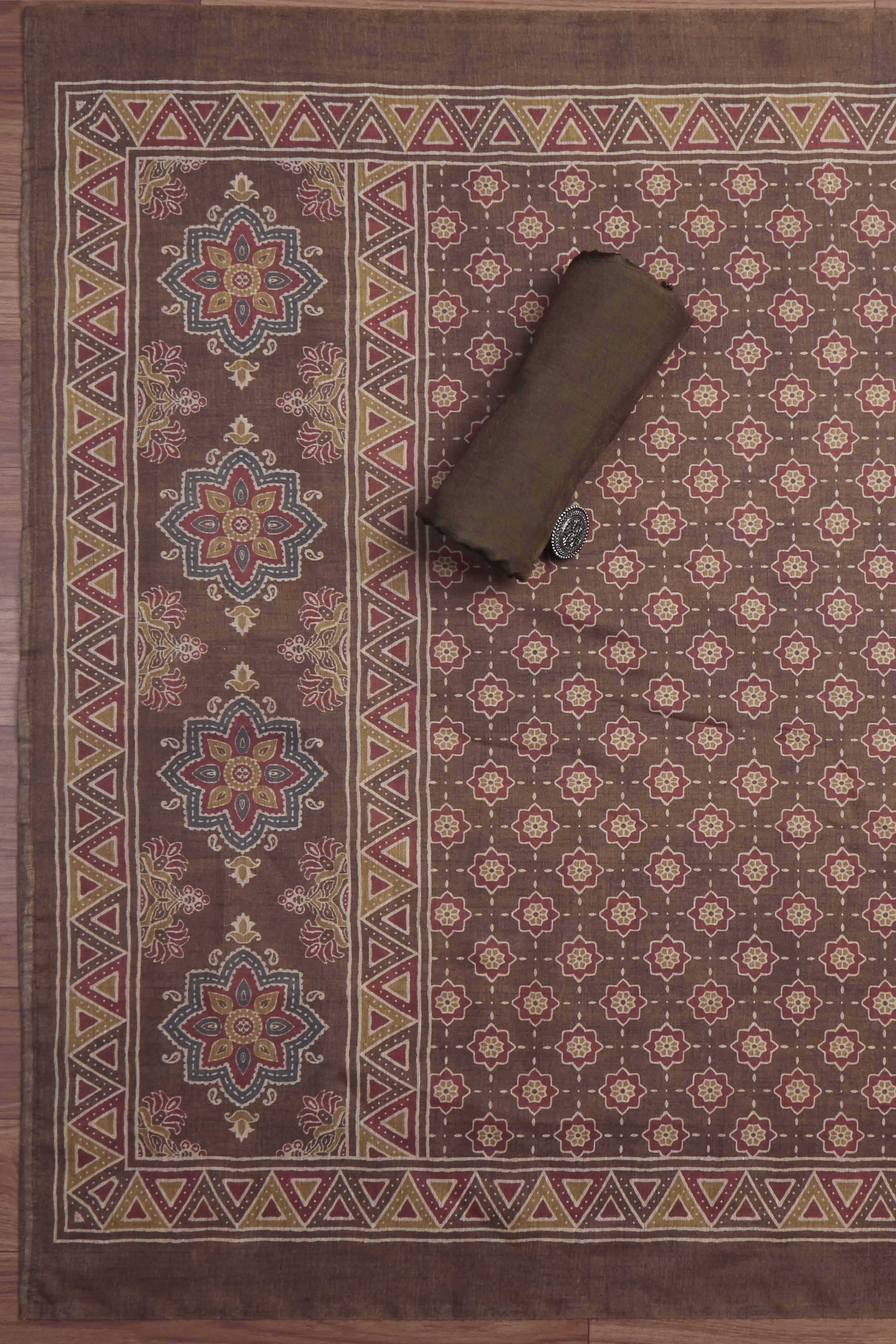 Brown Chanderi Rajasthani Print Unstitched Suit Set image number 3