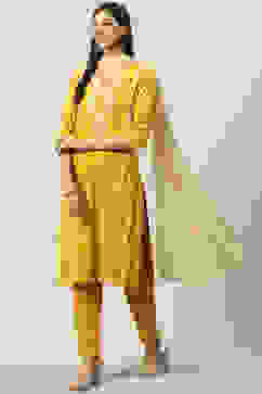 Yellow LIVA Straight Kurta Slim Pant Suit Set image number 5