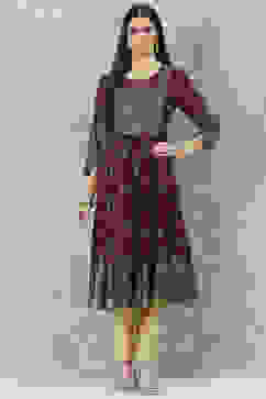 Brown Rayon A-Line Printed Kurta image number 0