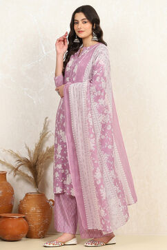 Purple Cotton Screen Print Unstitched Suit Set image number 4