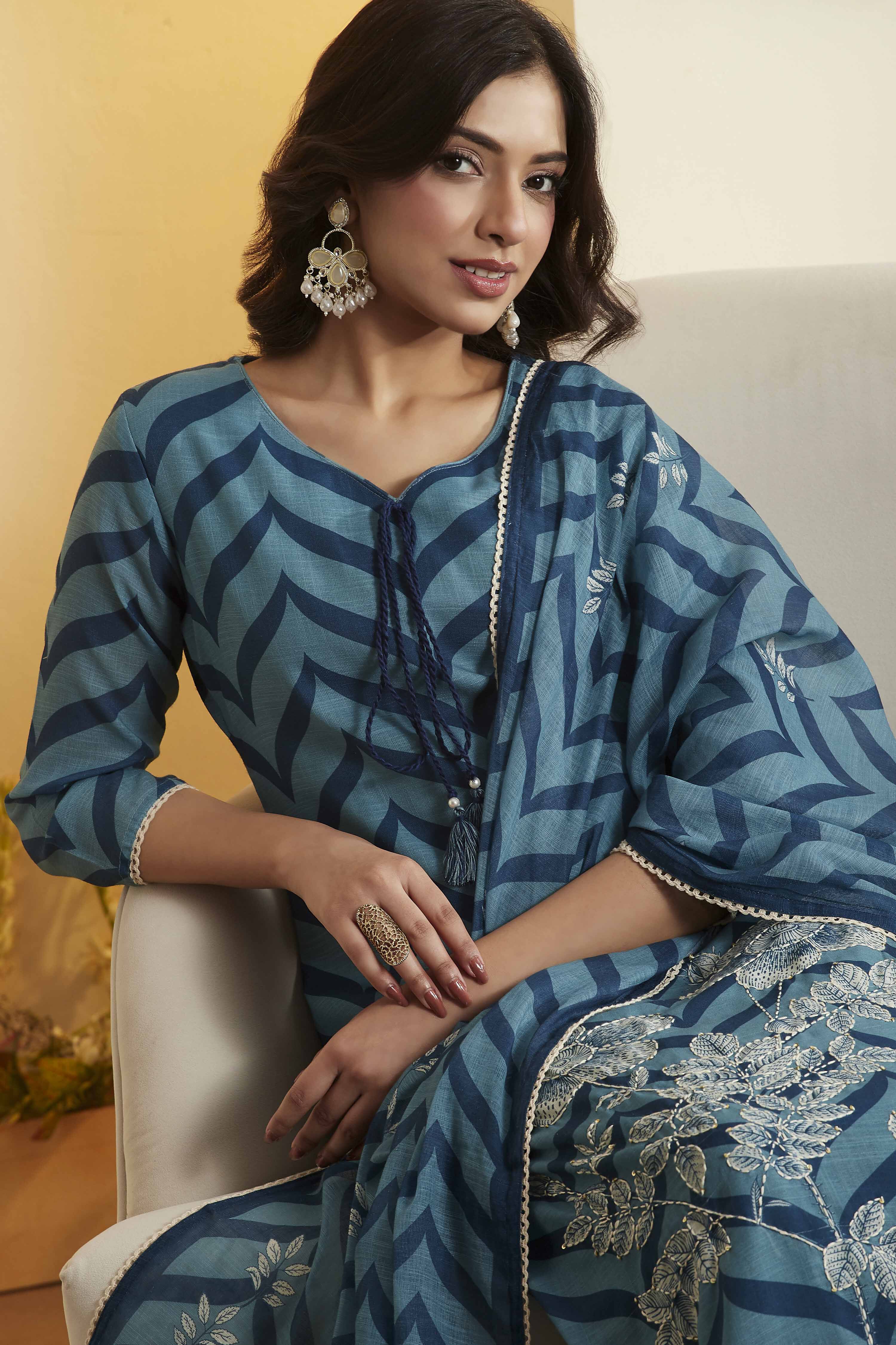 Teal Floral Printed Poly Linen Kurta Set image number 1