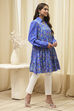 Blue Cotton Printed Shirt-Style Tiered Kurta image number 4