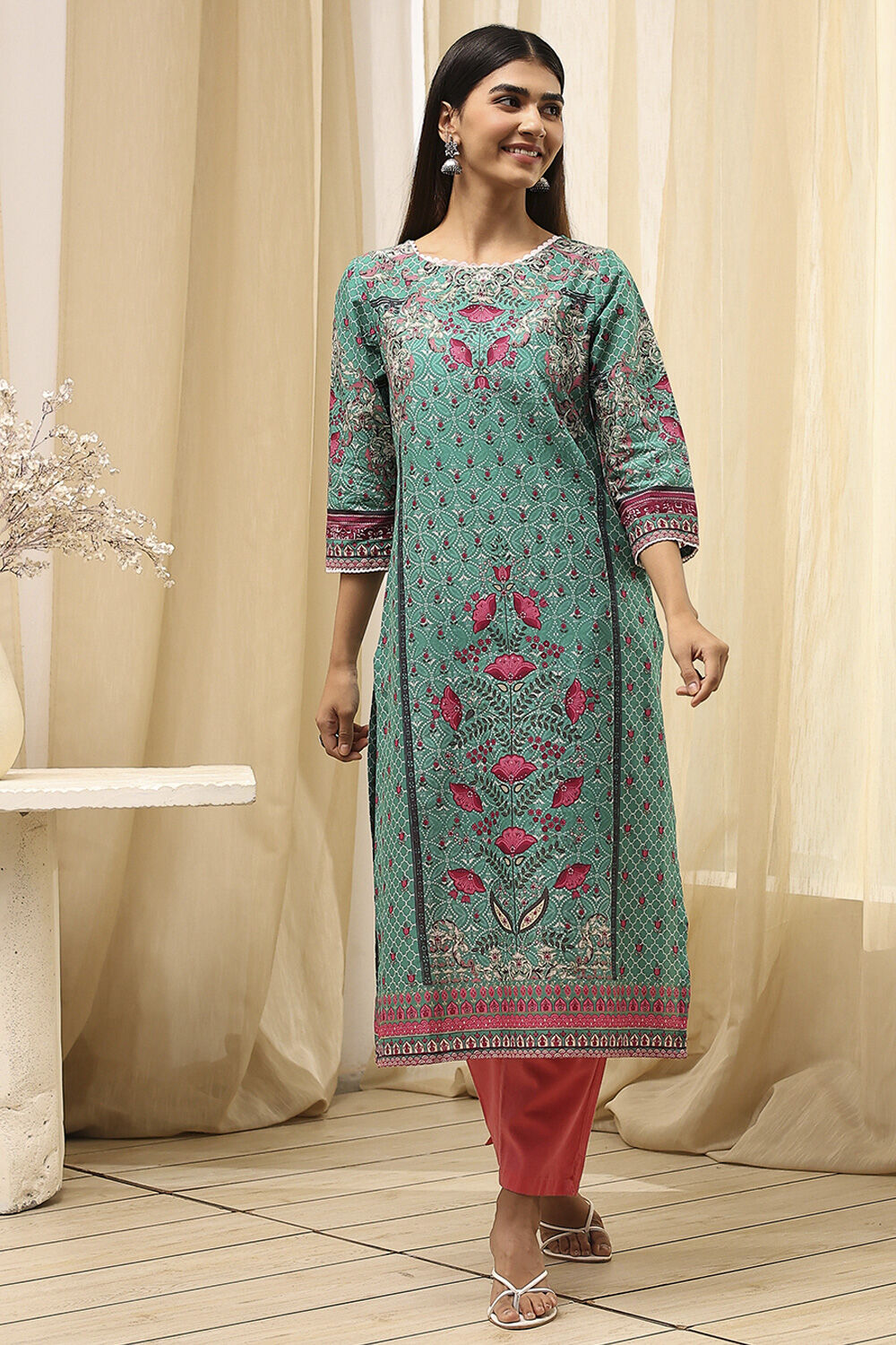 Green Cotton Printed Straight Kurta image number 0