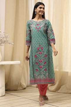 Teal Cotton Printed Straight Kurta image number 0