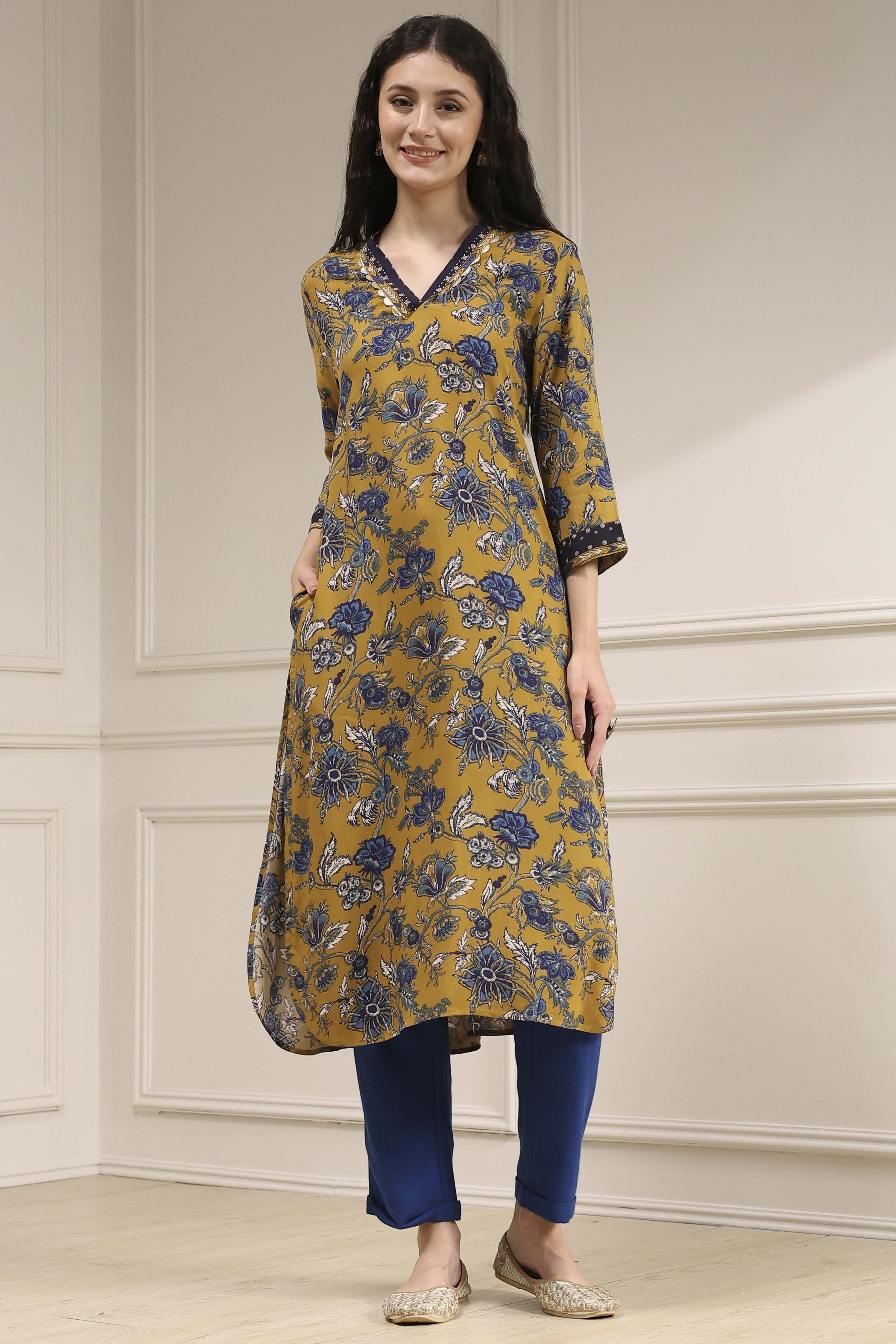 Mustard Yellow Printed Straight Kurta image number 5