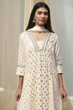 Off-White Cotton Printed Gathered Suit Set image number 1