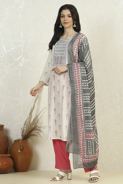 Grey Cotton Printed Embroidered Unstitched Suit Set image number 4