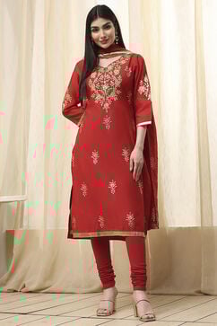 Red Poly Chanderi Fitted Suit Set image number 6