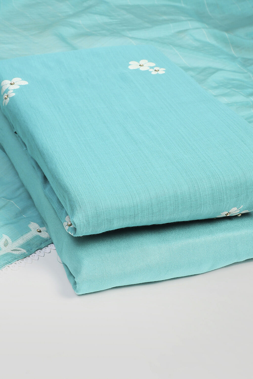 Blue Chanderi Unstitched Suit Set image number 5