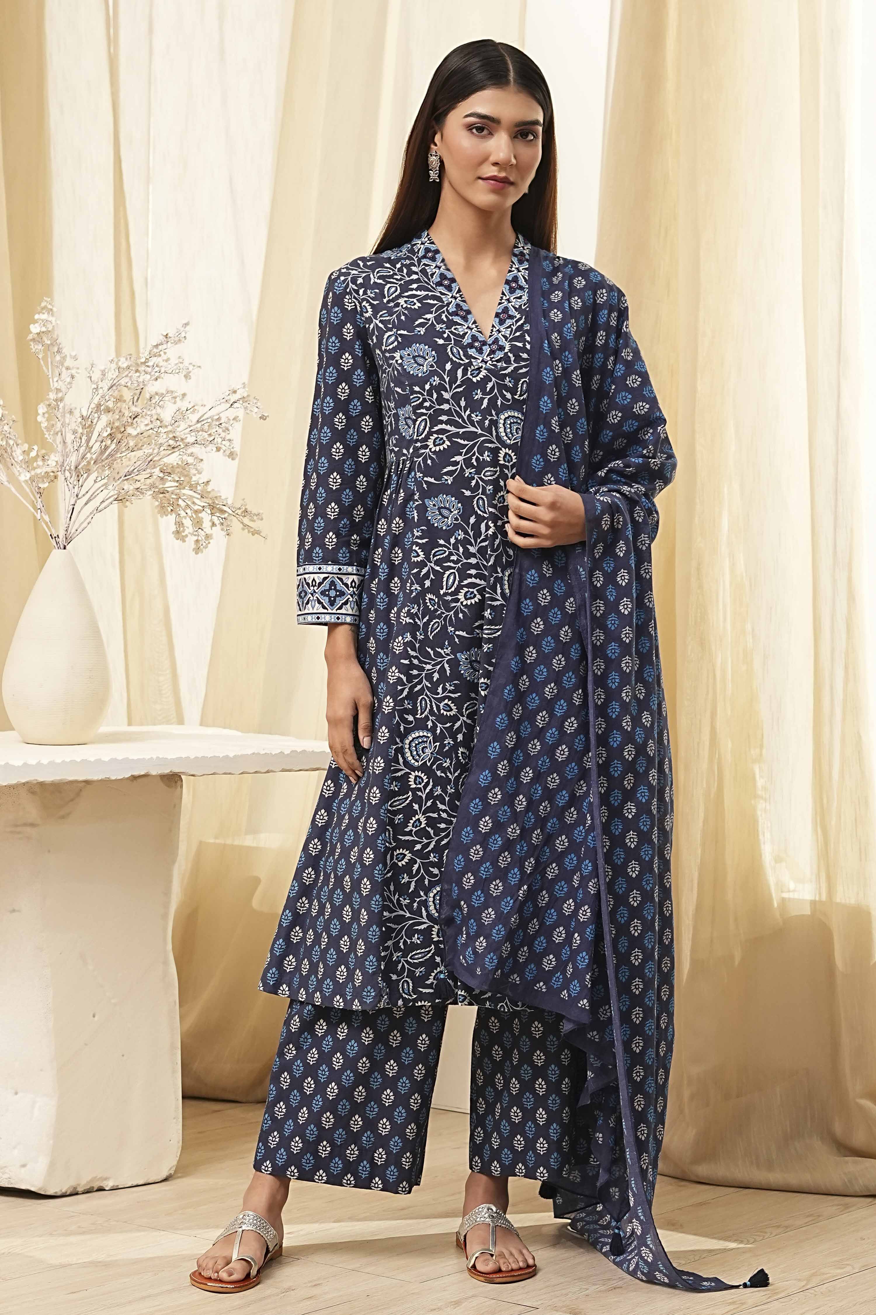 Indigo Pure Cotton Straight Suit Set image number 6