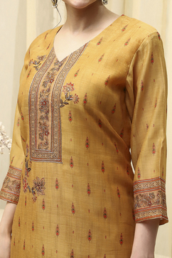 Yellow Chanderi Printed Embroidered Unstitched Suit Set image number 2