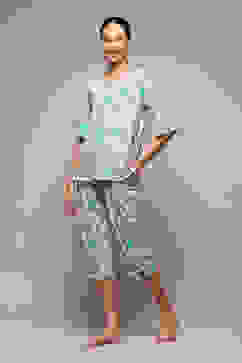 Off White & Turquoise Cotton Printed 2 Piece Sleepwear Set image number 3