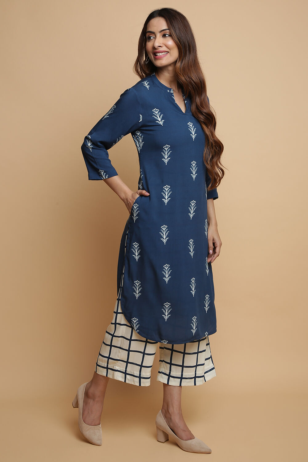 Navy Rayon Straight Kurta Palazzo Suit Set image number 5