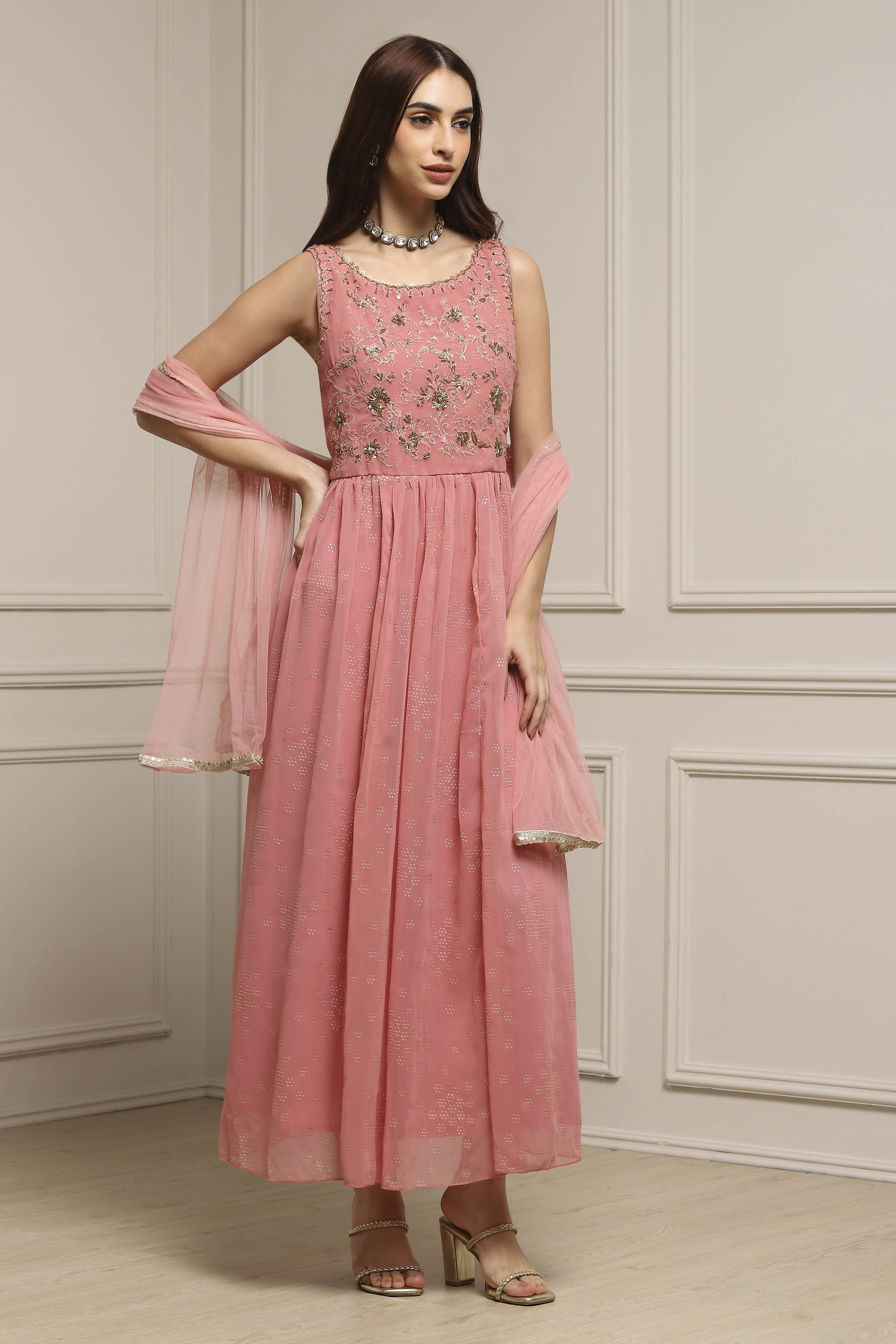 Blush Pink Polyester Flared Solid Dress image number 4