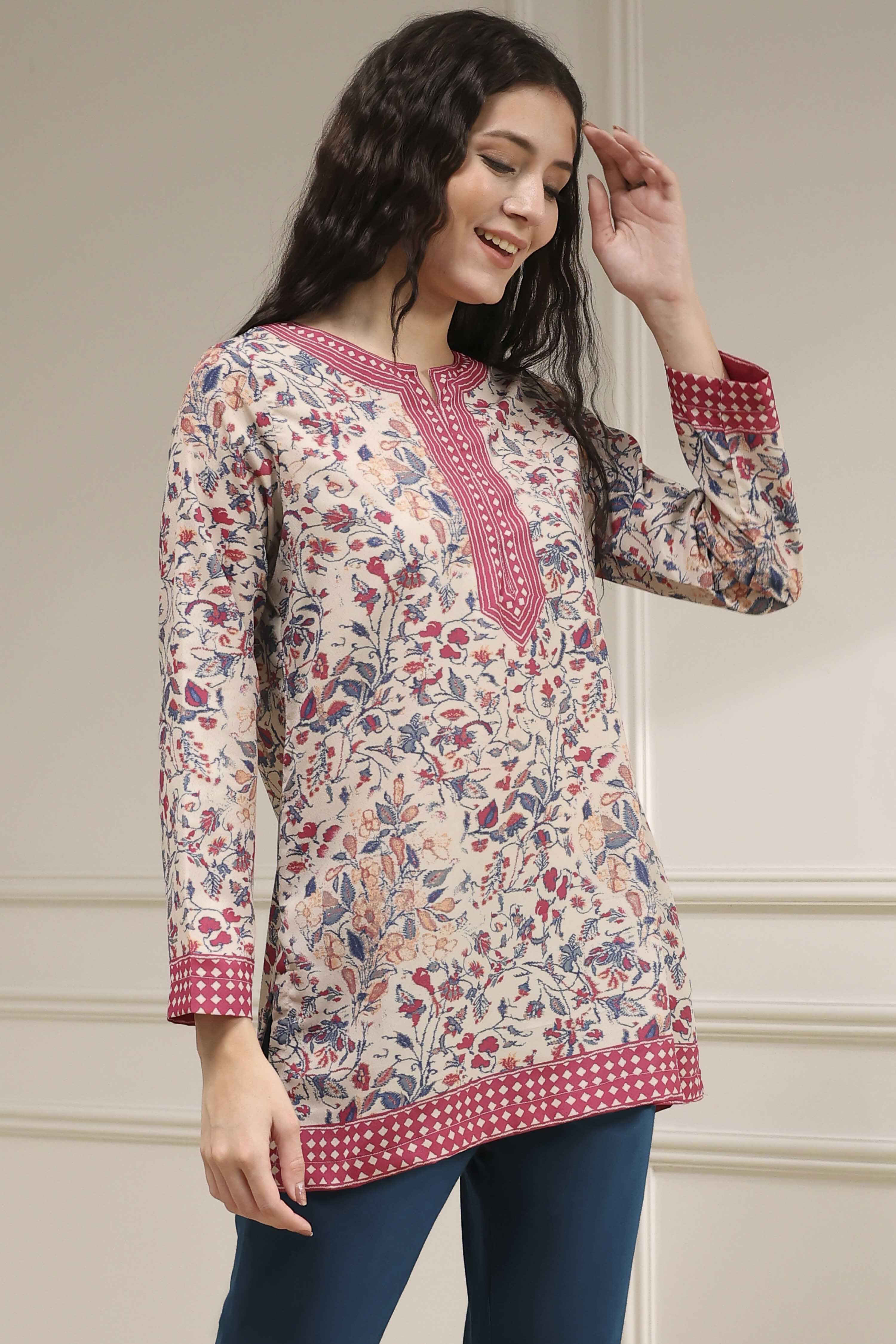 Beige Polyester Straight Printed Top image number 0