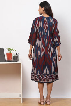 Navy Maroon LIVA Flared Printed Kurta Dress image number 4