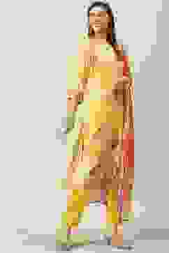 Yellow Printed Viscose A-Line Kurta Slim Pants Suit Set image number 0