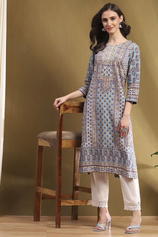 Blue Cotton Printed Straight Kurta image number 0