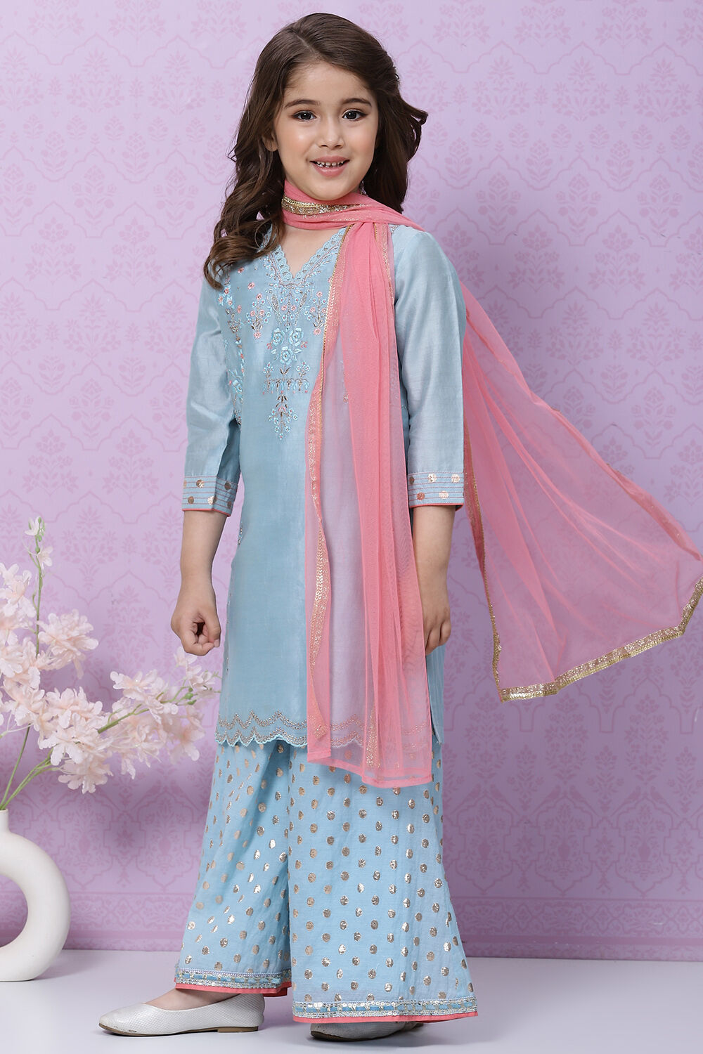 Blue Art Silk Straight Kurta Sharara Suit Set image number 7