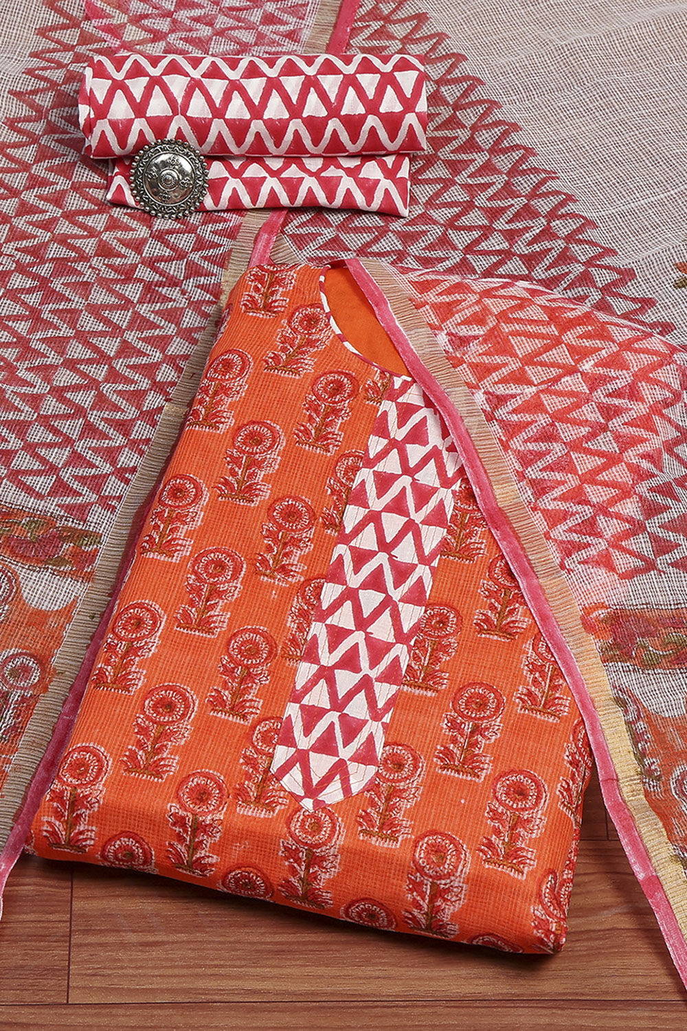 Coral Cotton Hand Block Print Unstitched Suit Set image number 1