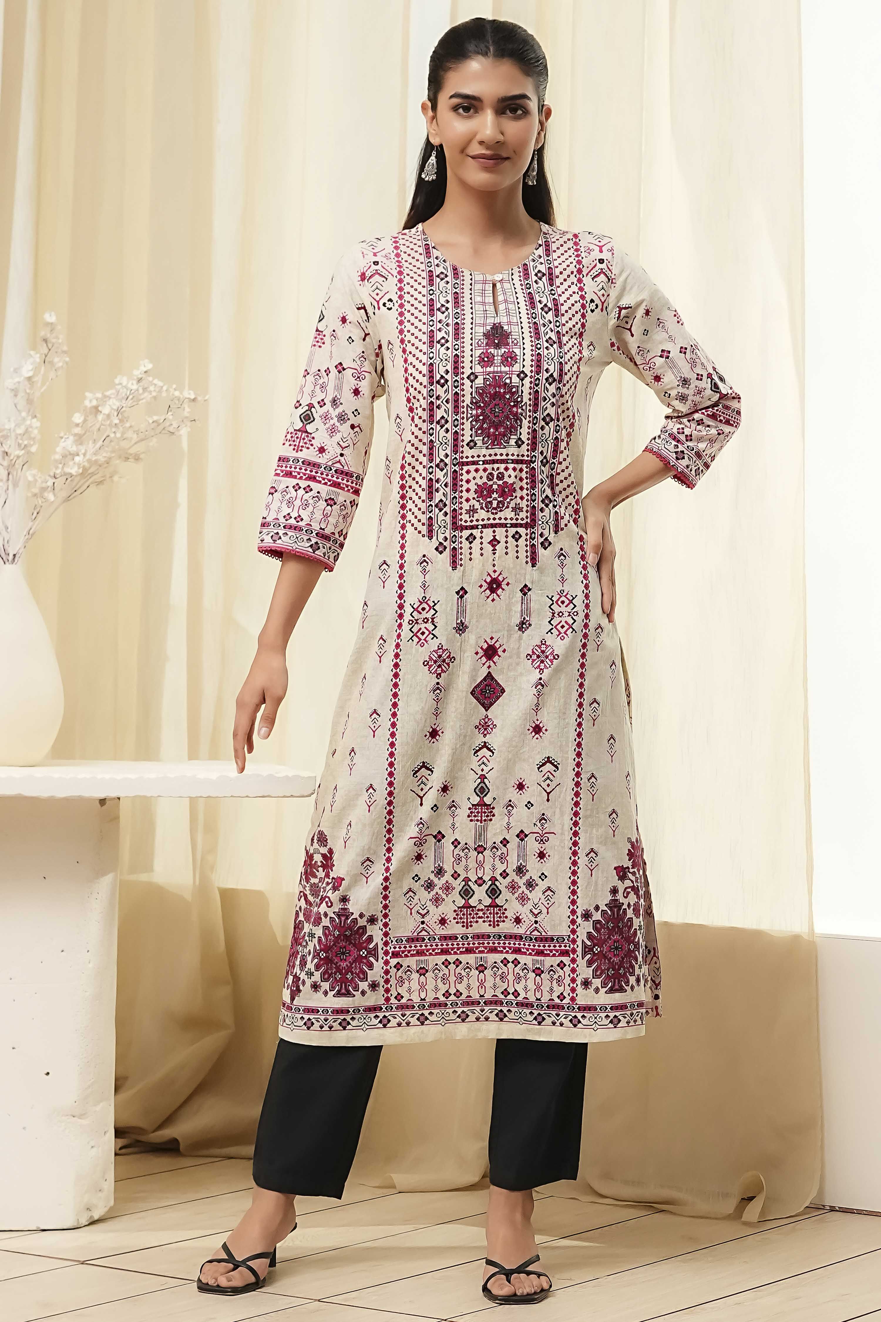 Off-White and Blue Cotton Straight Kurta image number 5