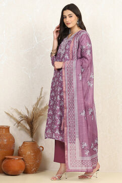 Mauve Linen Blend Digital Print Unstitched Suit Set image number 4