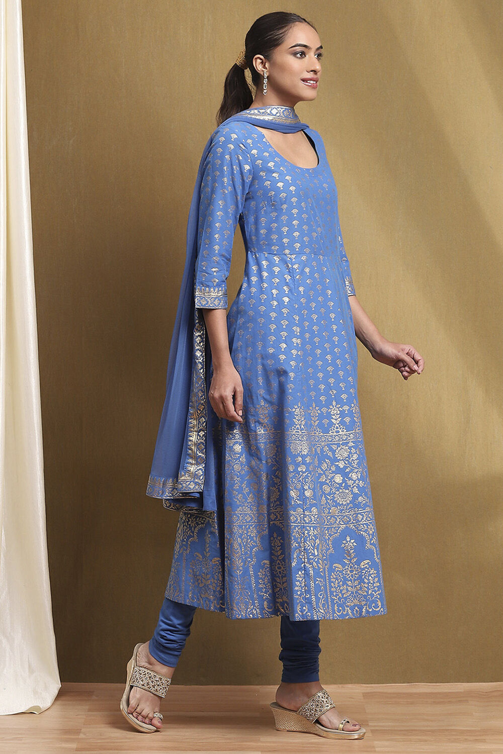Electric Blue Cotton Printed Anarkali Suit Set image number 5