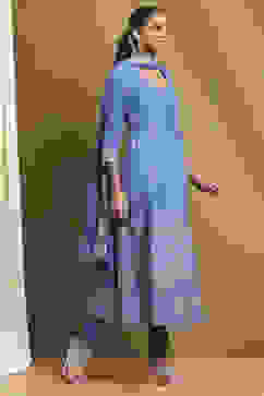 Electric Blue Cotton Printed Anarkali Suit Set image number 5