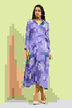 Blue Floral Printed Shirt Style A-line Dress image number 0