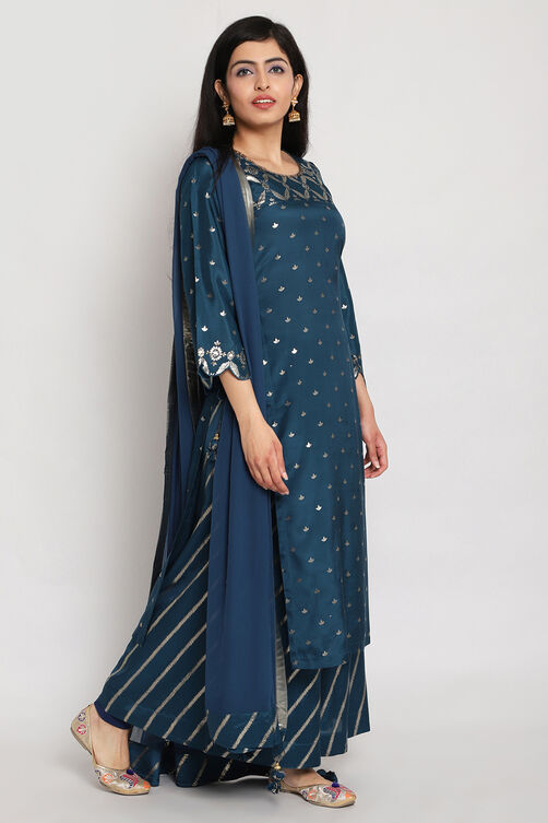 Peacock Blue Viscose Straight Kurta Palazzo Suit Set image number 3