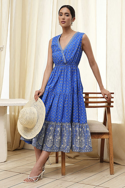 Blue Cotton Printed Tiered Dress image number 0