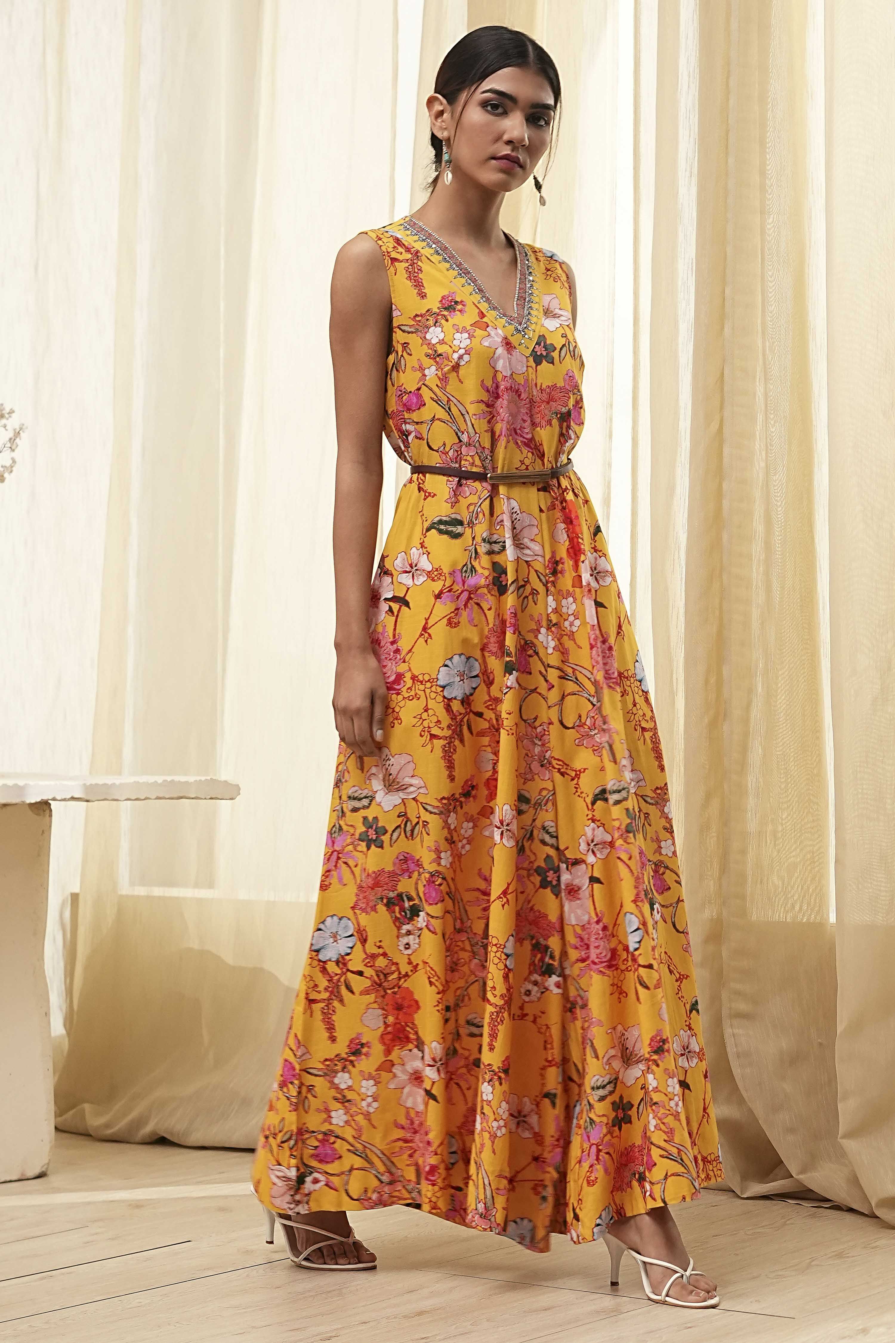 Yellow Cotton Floral Flared Jumpsuit image number 4