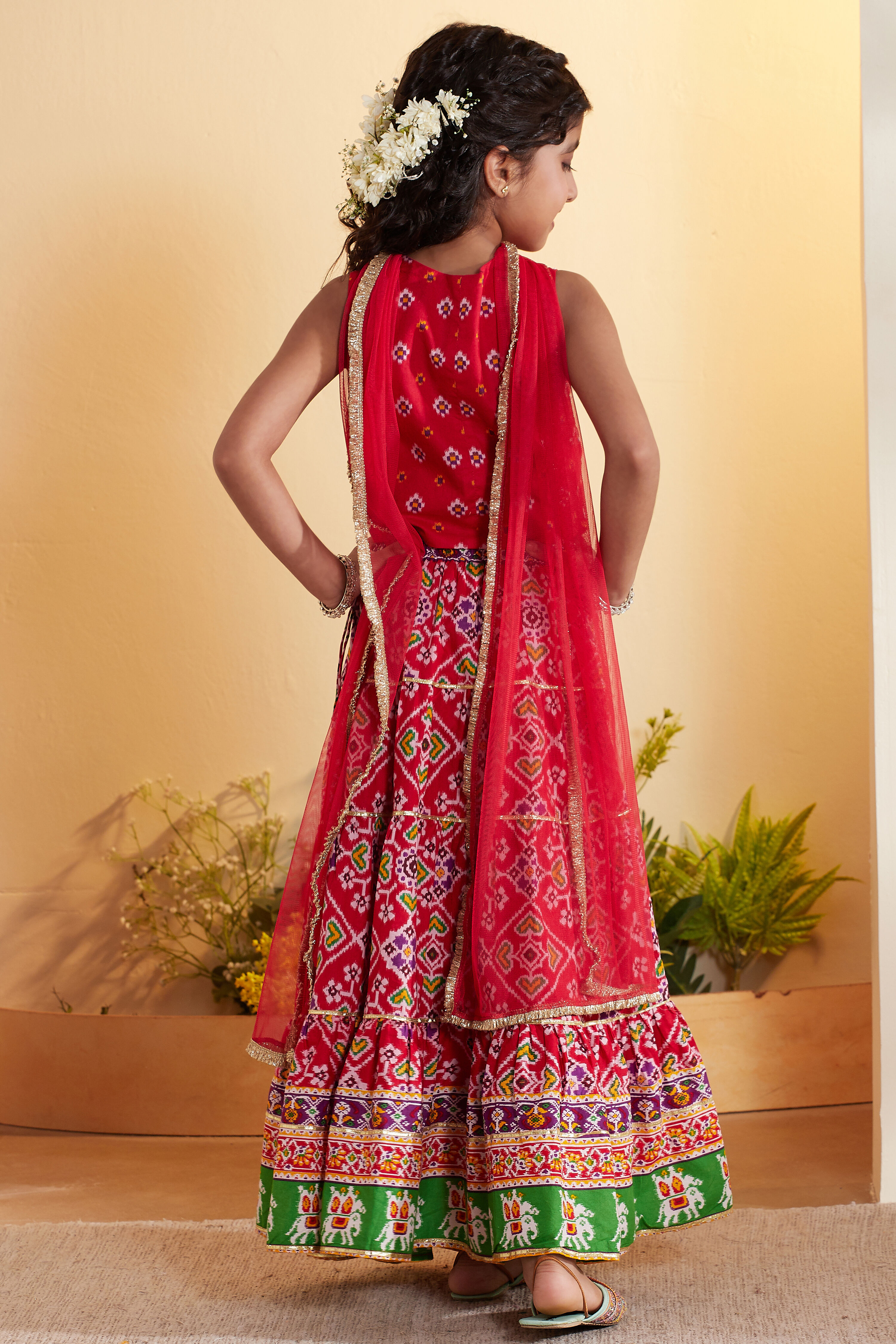 Red Cotton Printed Tiered Lehenga Set image number 5