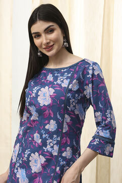 Blue Cotton Floral Straight Kurta image number 1