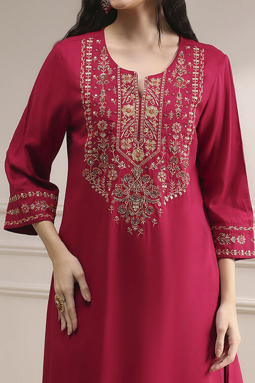 Navy Blue Embroidered Straight Suit Set image number 1