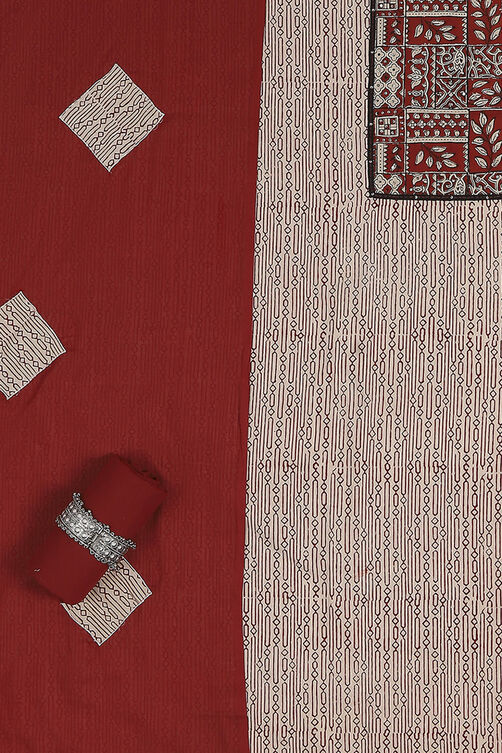 Black Cotton Hand Block Print Unstitched Suit Set image number 1