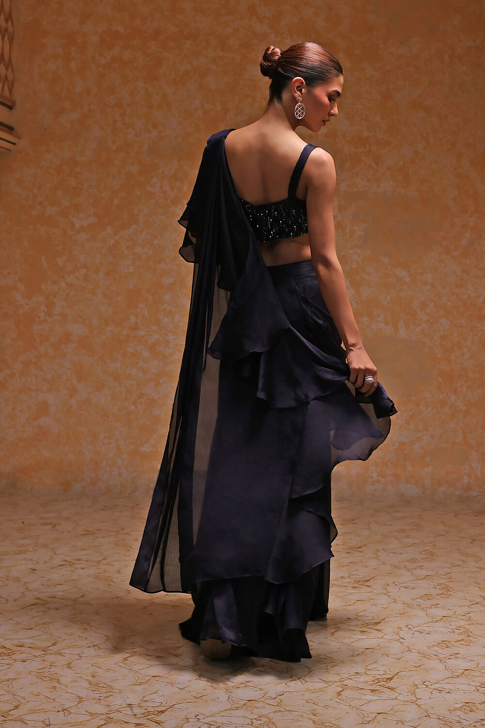 Navy Blue Poly Satin Embroidered Pre-Draped Saree image number 3
