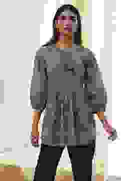 Teal Green Cotton Pleated A-Line Short Kurta image number 5