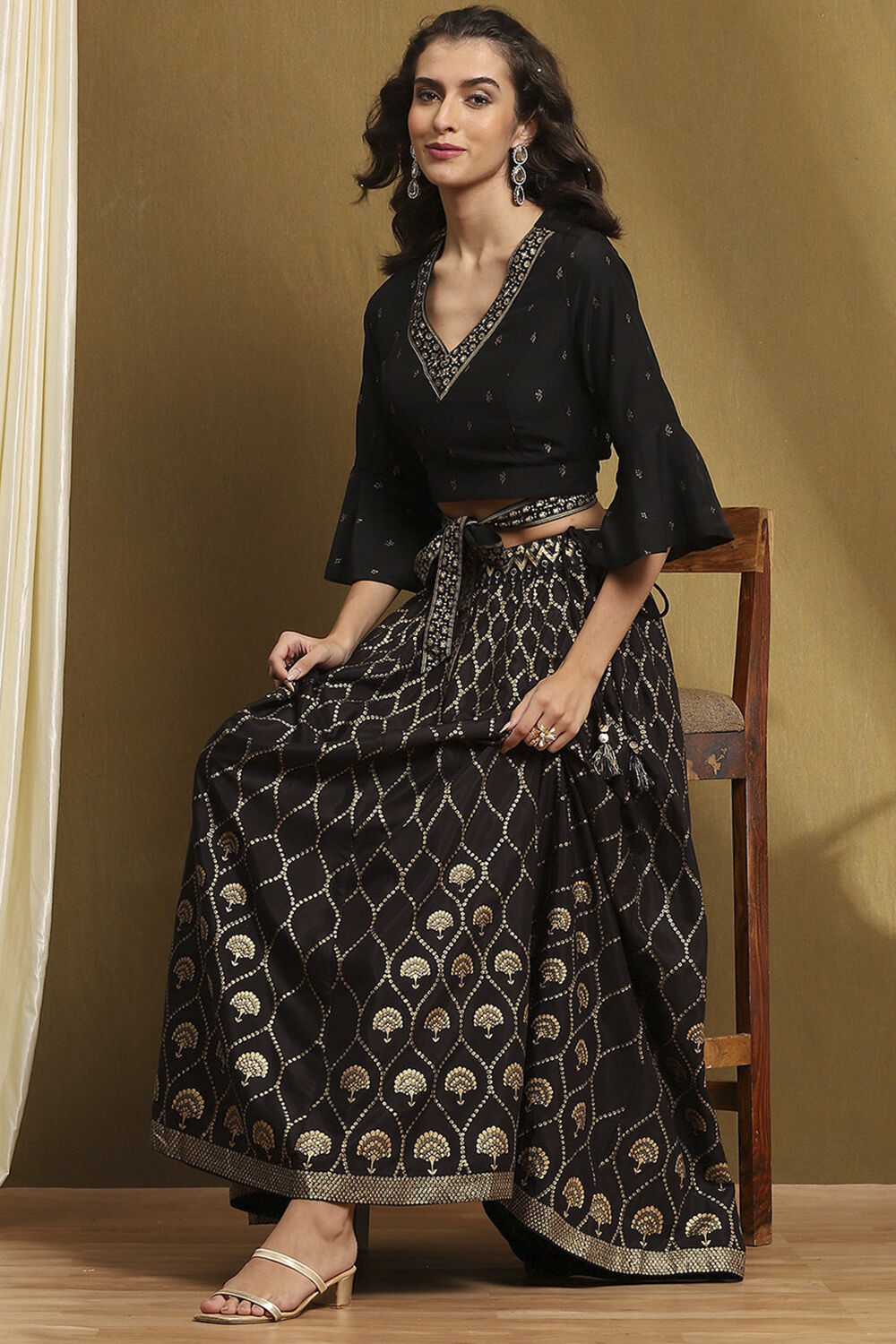 Black Shantoon Block Printed Festive Skirt image number 0