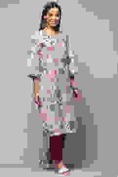 Powder Blue Cotton Floral Printed Straight Kurta image number 4