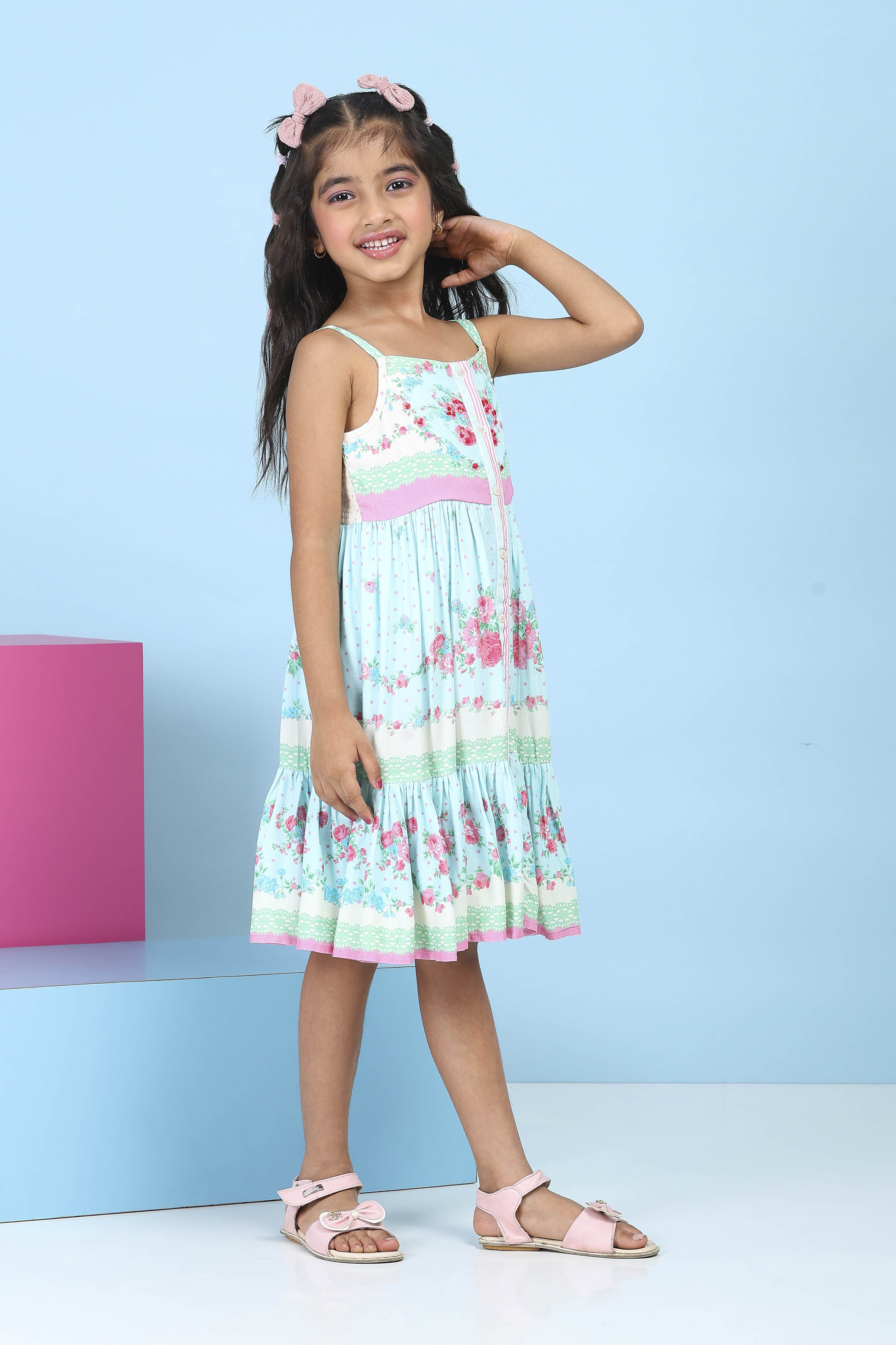 Blue Floral Printed Tiered Flared Dress image number 4