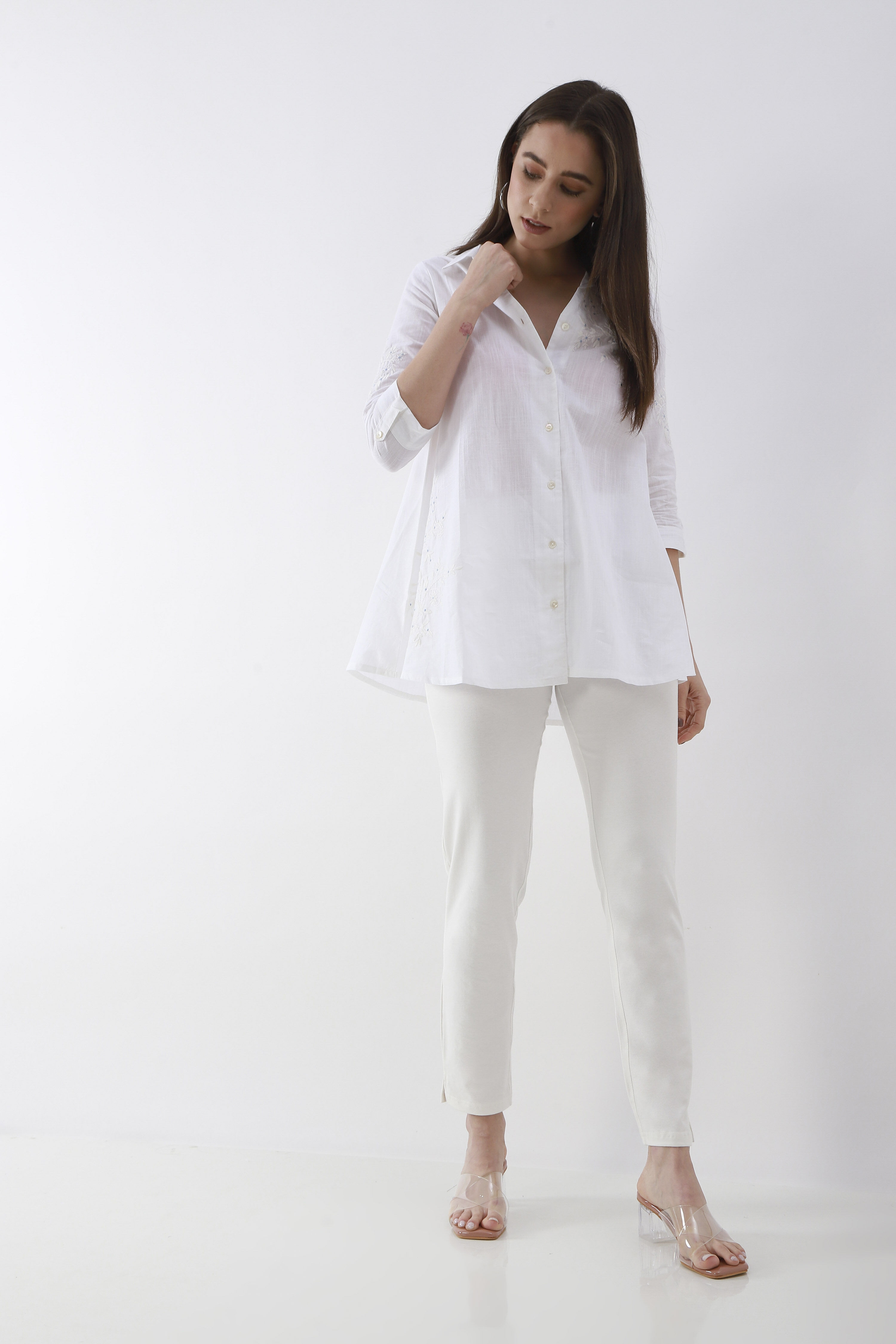 Navy Blue Solid Cotton Lycra Straight Pants image number 0