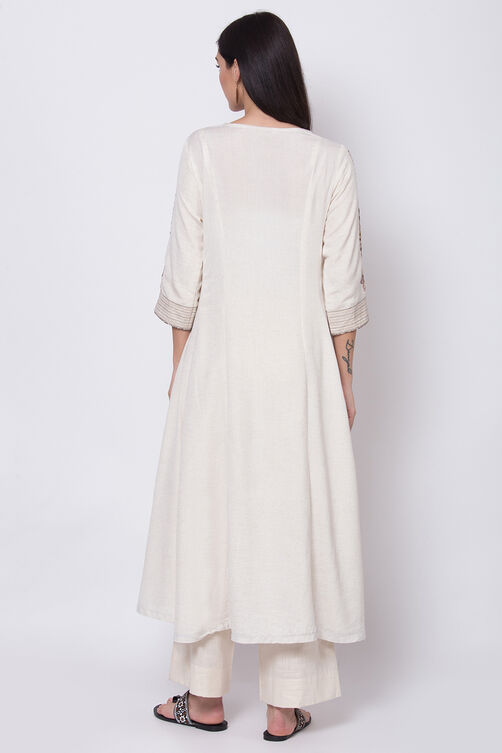 Off White Cotton Flax A-Line Kurta image number 5