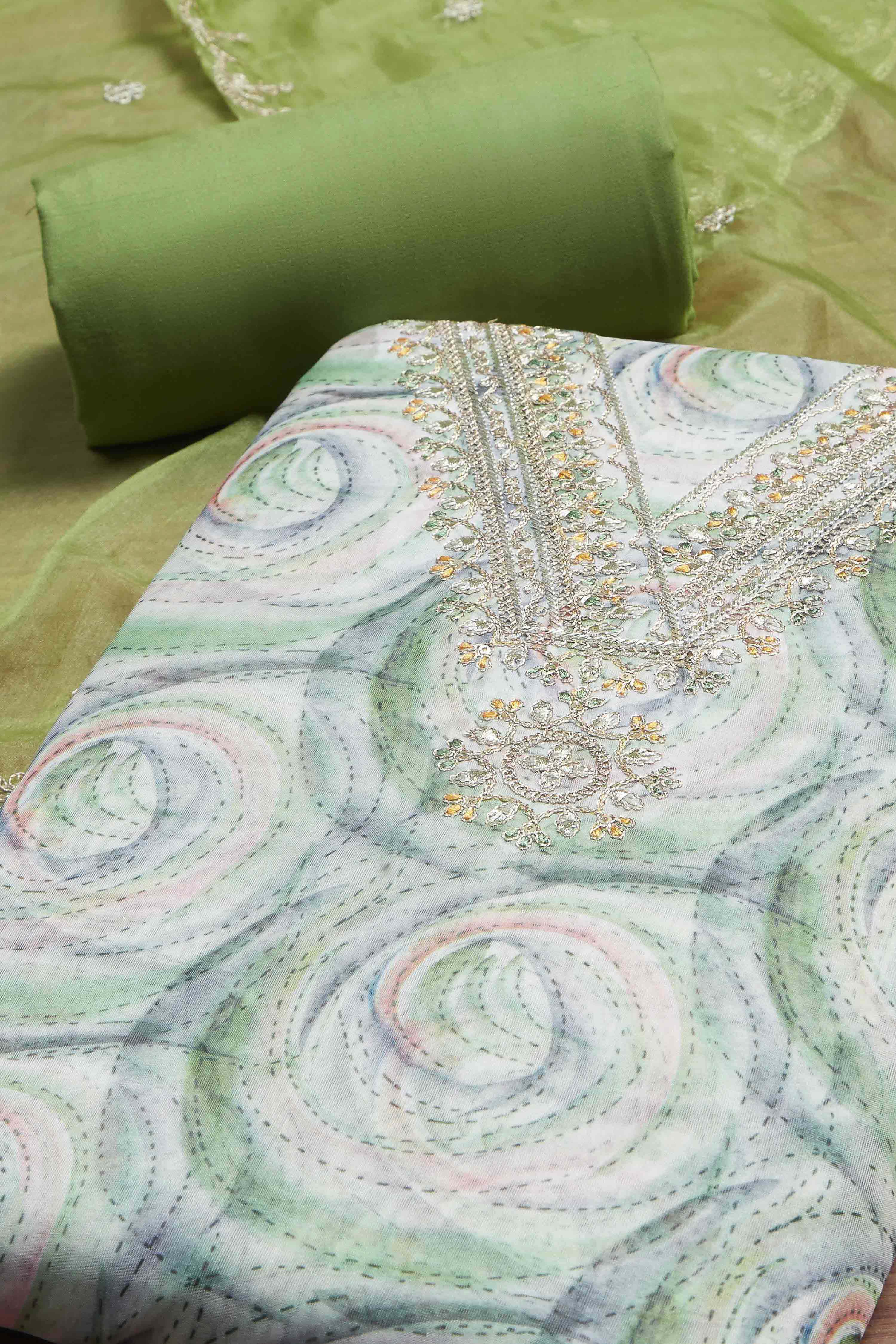 Pink Organza Rajasthani Print Unstitched Suit Set image number 1