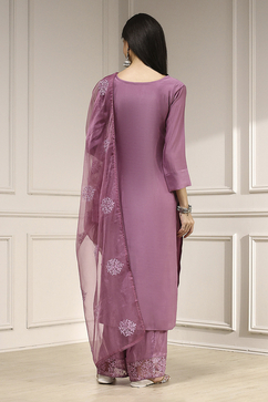 Purple Chanderi Blend Machine Embroidered Unstitched Suit Set image number 5